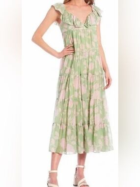 ANTONIO MELANI Sabrina Green and Pink Floral Ruffle-Strap Maxi Dress